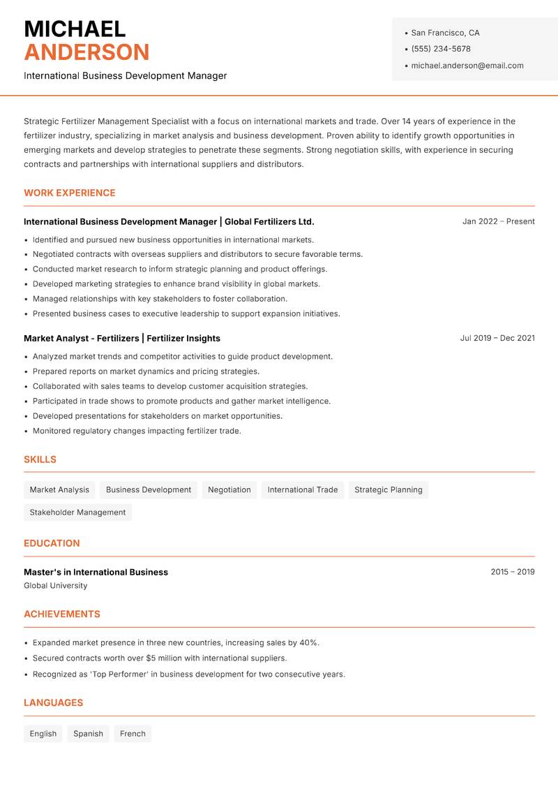 Fertilizer Management Specialist Resume Template