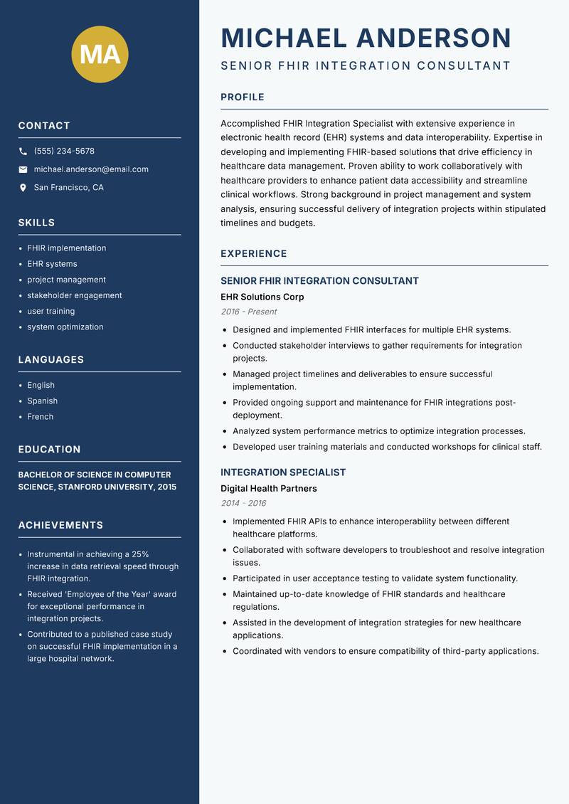 FHIR Integration Specialist Resume Preview Example