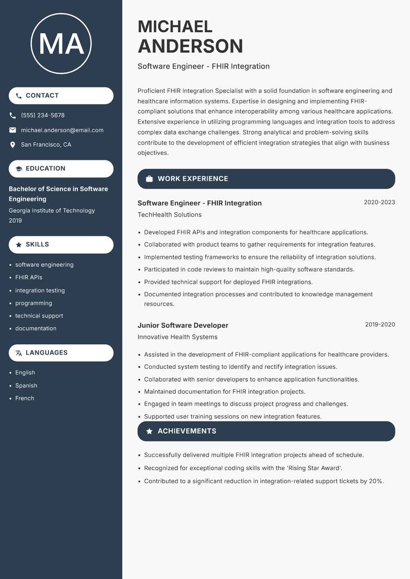 FHIR Integration Specialist Resume Preview Example