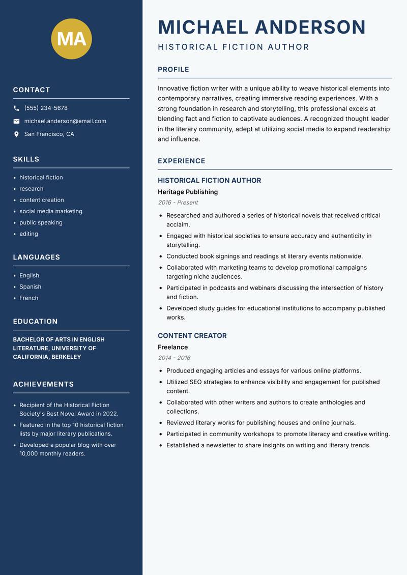 Fiction Writer Resume Preview Example