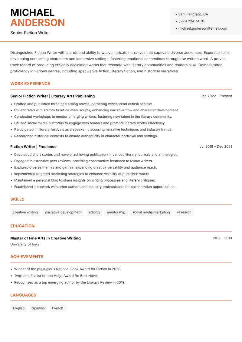 Fiction Writer Resume Template