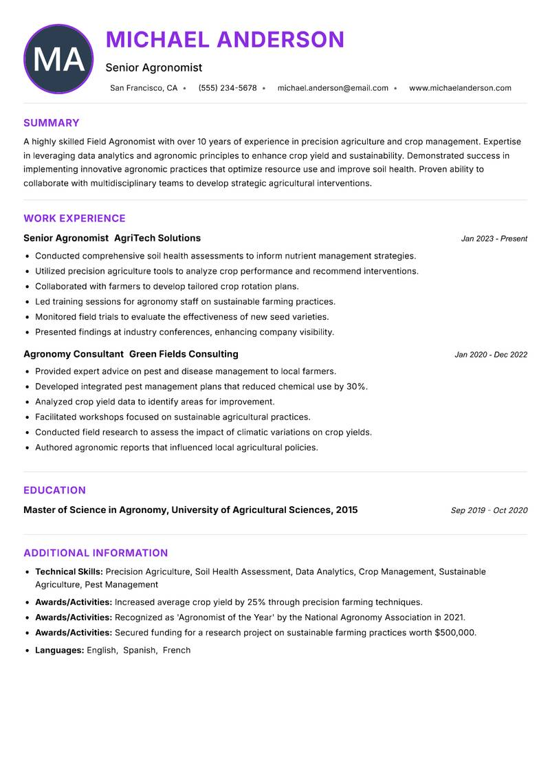 Field Agronomist Resume Preview Example