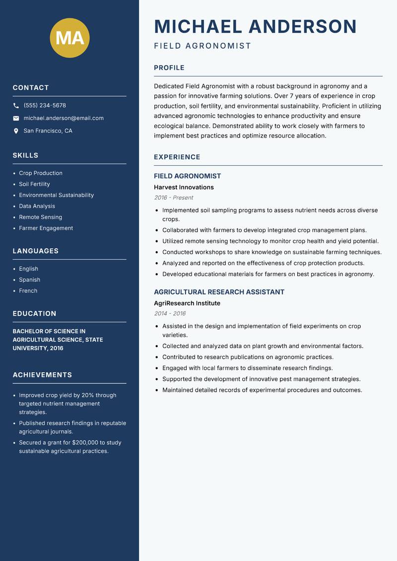 Field Agronomist Resume Preview Example