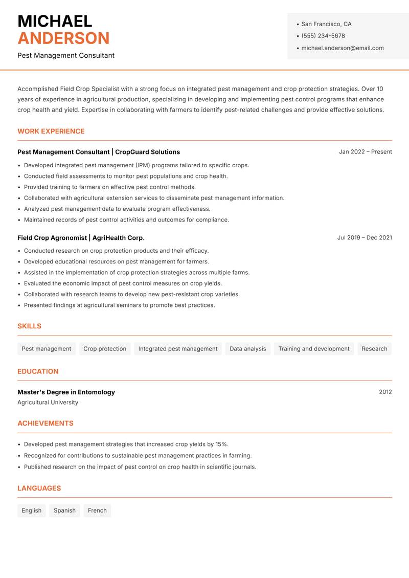 Field Crop Specialist Resume Template