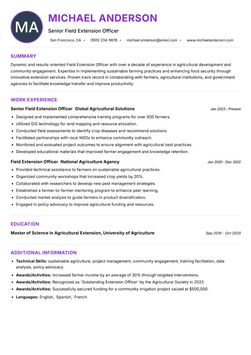 Field Extension Officer Resume Preview Example