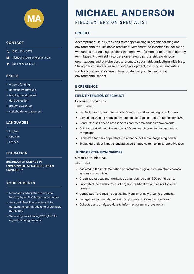 Field Extension Officer Resume Preview Example