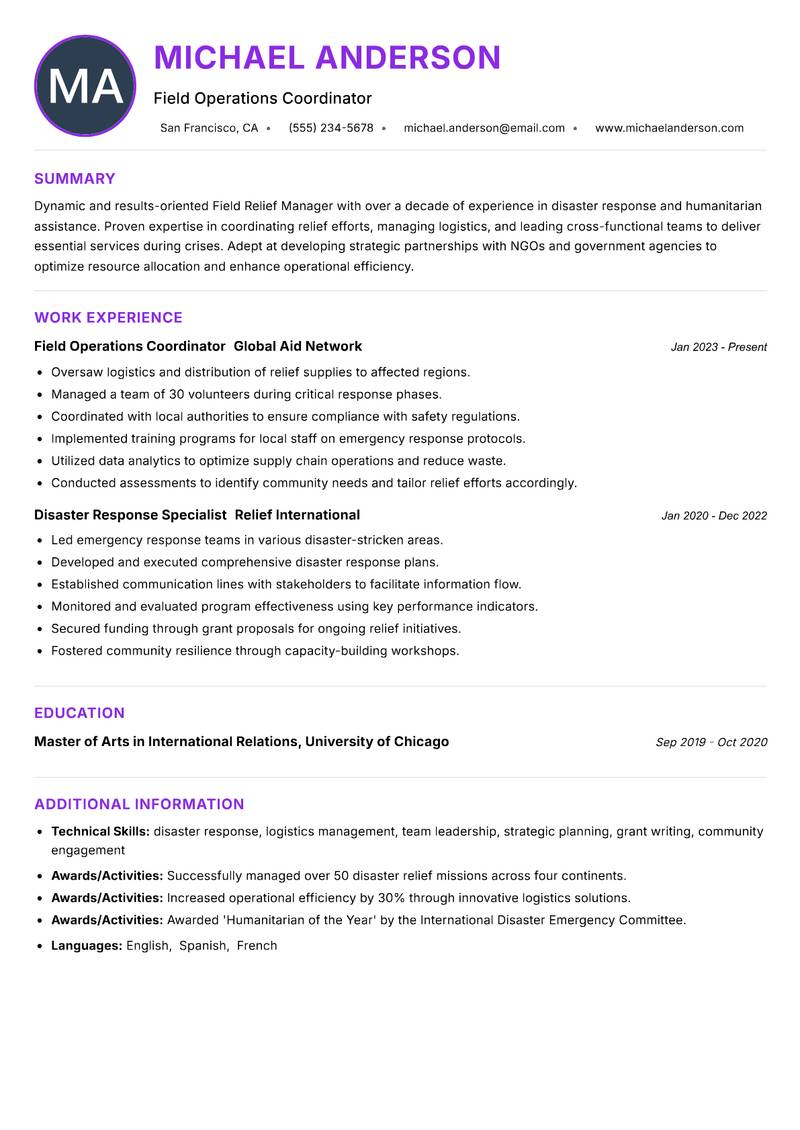 Field Relief Manager Resume Preview Example