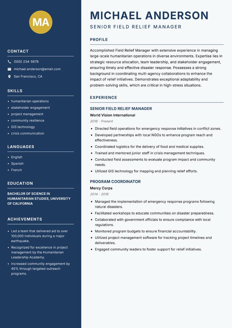 Field Relief Manager Resume Preview Example
