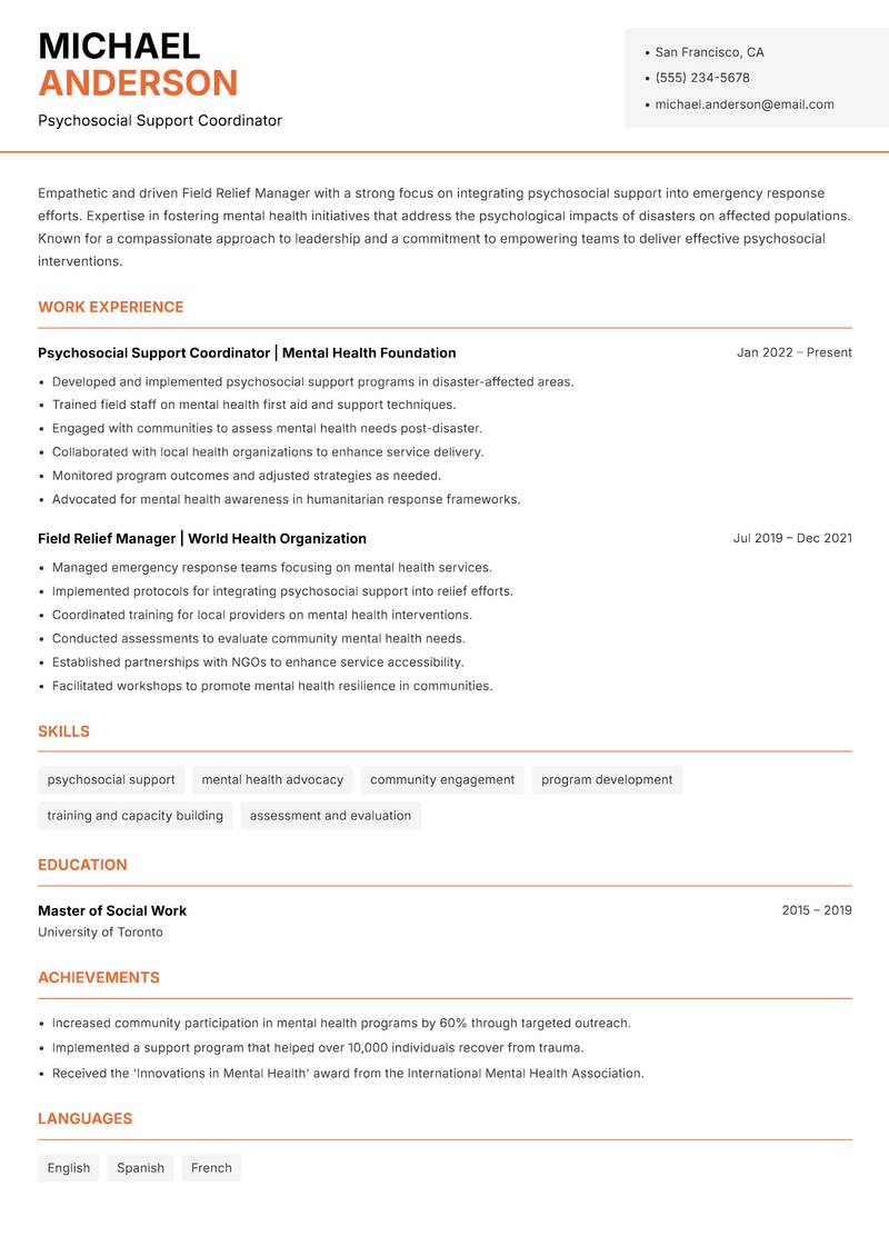 Field Relief Manager Resume Template