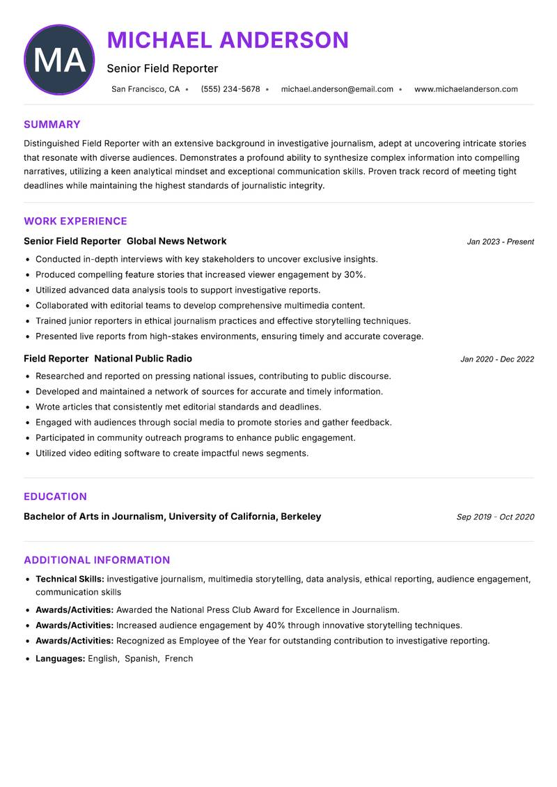 Field Reporter Resume Preview Example