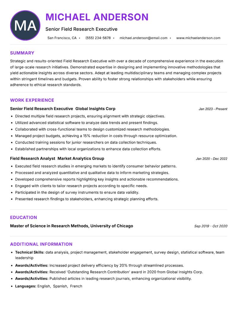 Field Research Executive Resume Preview Example