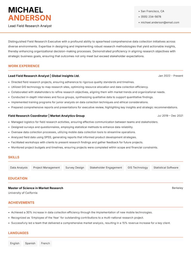 Field Research Executive Resume Template