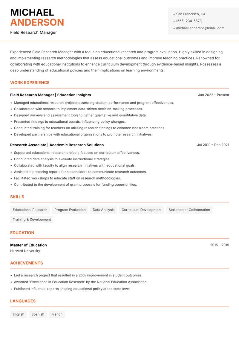 Field Research Manager Resume Template