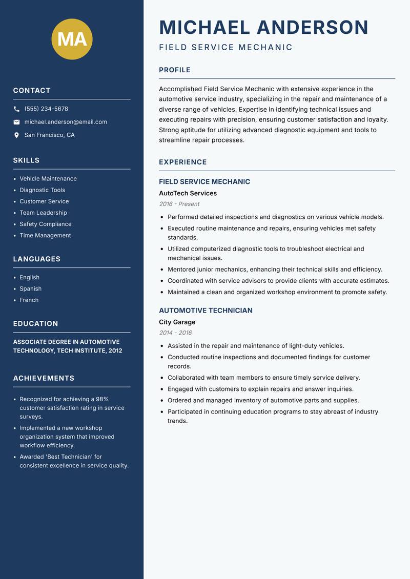 Field Service Mechanic Resume Preview Example