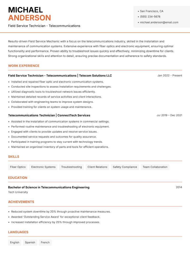 Field Service Mechanic Resume Template