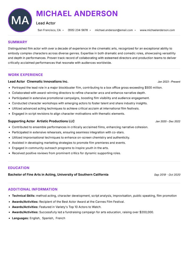 Film Actor Resume Preview Example