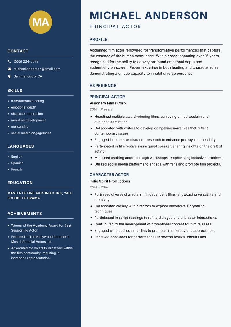 Film Actor Resume Preview Example