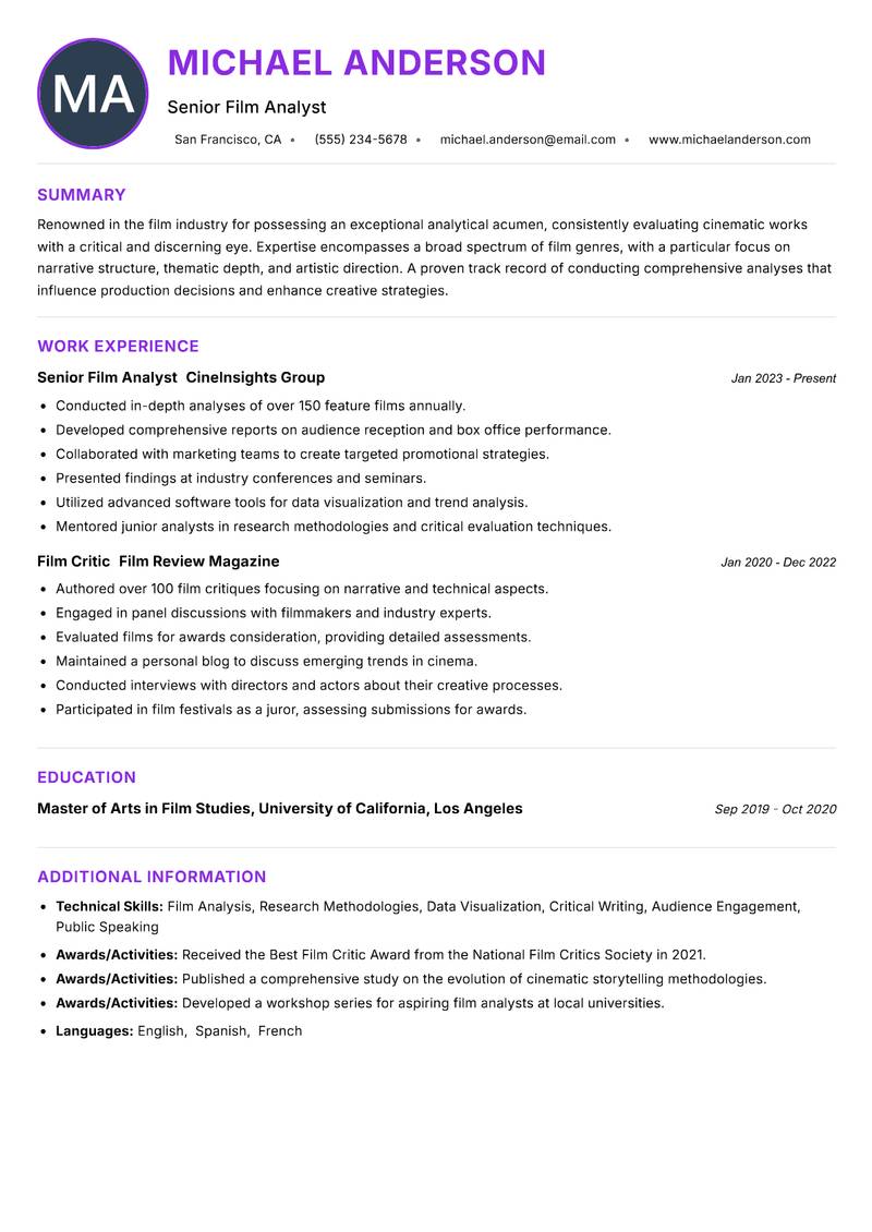 Film Analyst Resume Preview Example