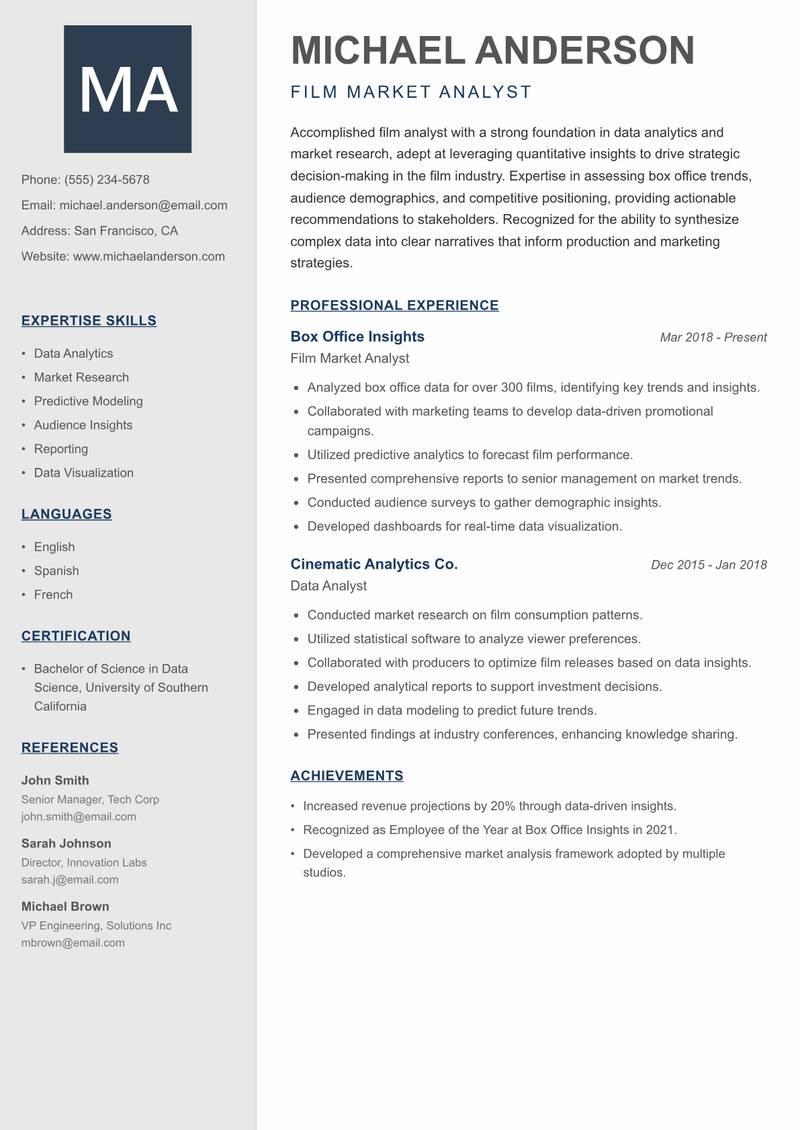 Film Analyst Resume Preview Example
