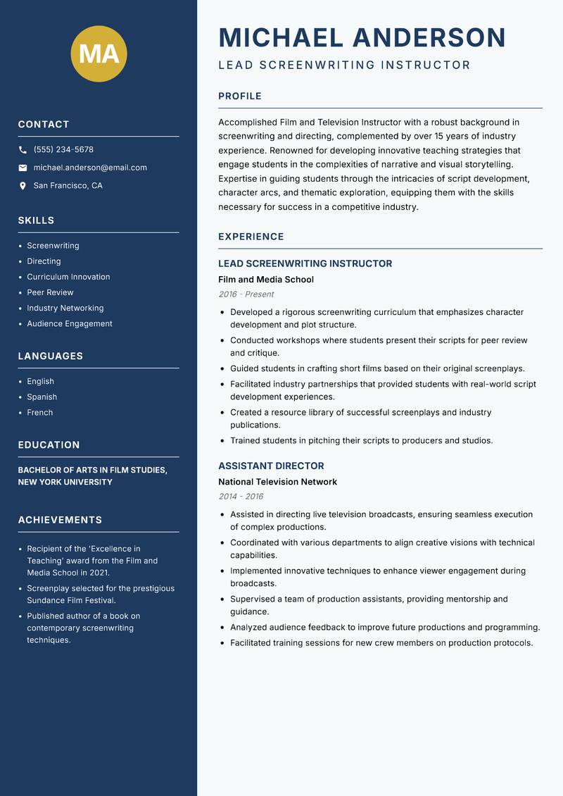 Film and Television Instructor Resume Preview Example