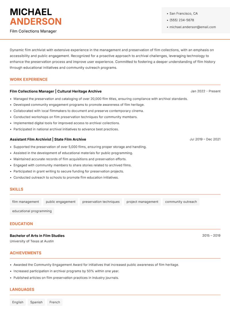 Film Archivist Resume Template