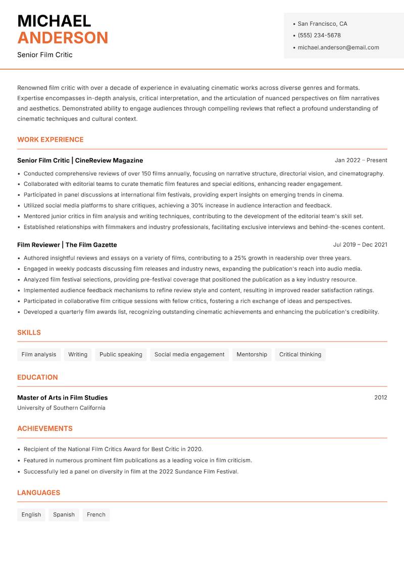 Film Critic Resume Template