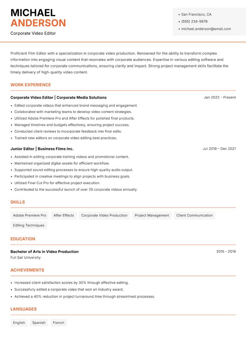 Film Editor Resume Template