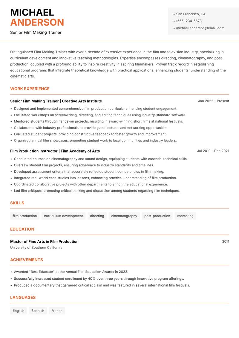 Film Making Trainer Resume Template