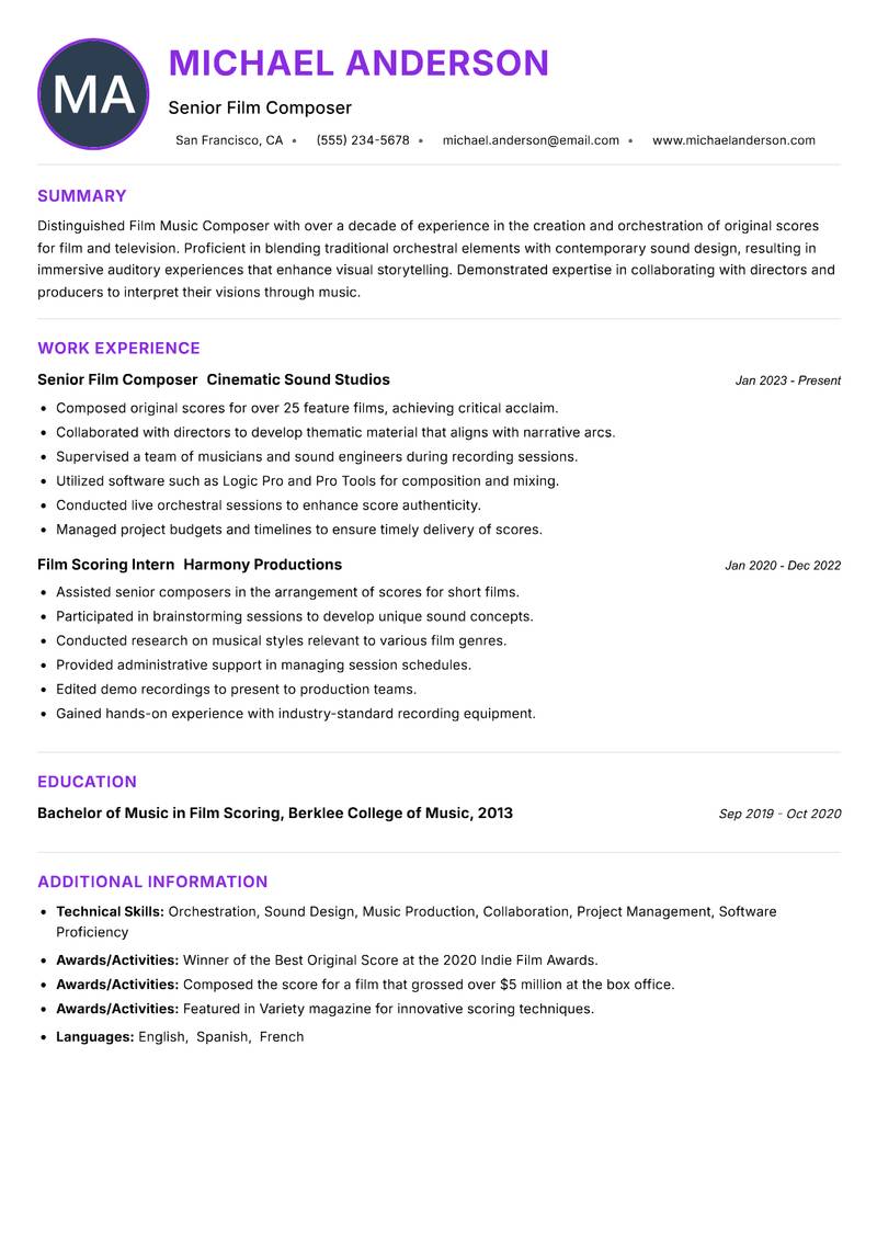 Film Music Composer Resume Preview Example