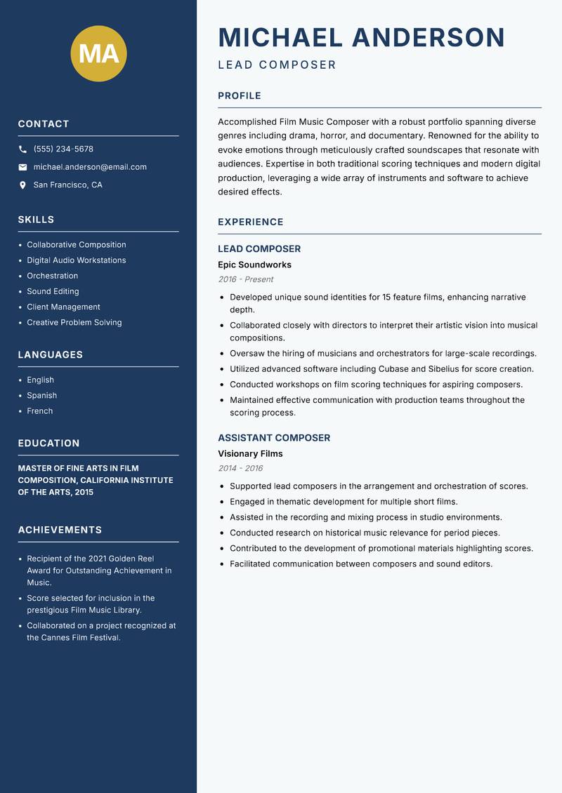 Film Music Composer Resume Preview Example