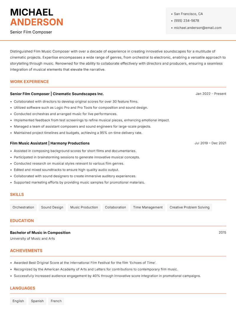 Film Music Composer Resume Template