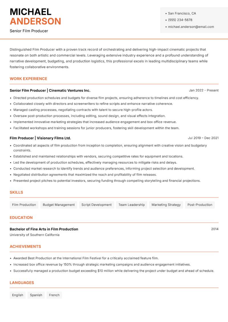 Film Producer Resume Template