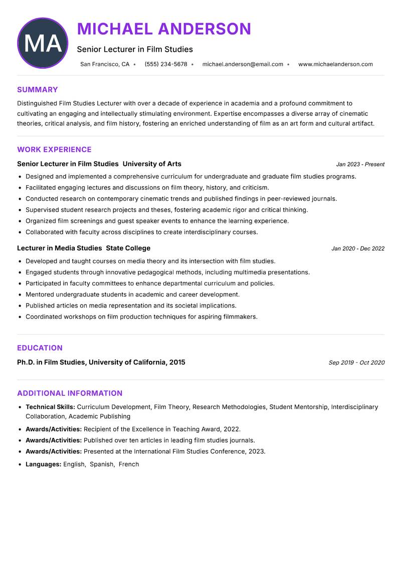 Film Studies Lecturer Resume Preview Example
