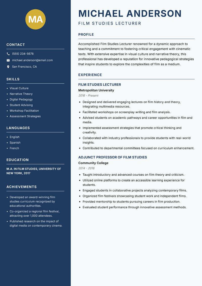 Film Studies Lecturer Resume Preview Example