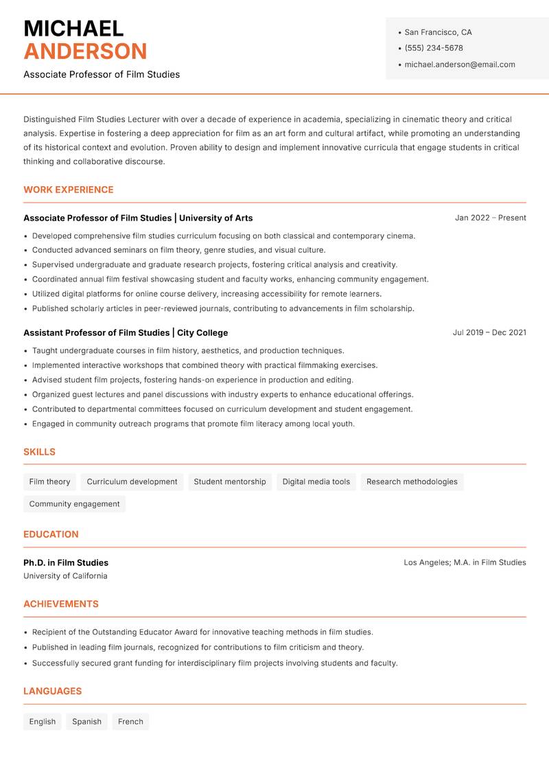 Film Studies Lecturer Resume Template