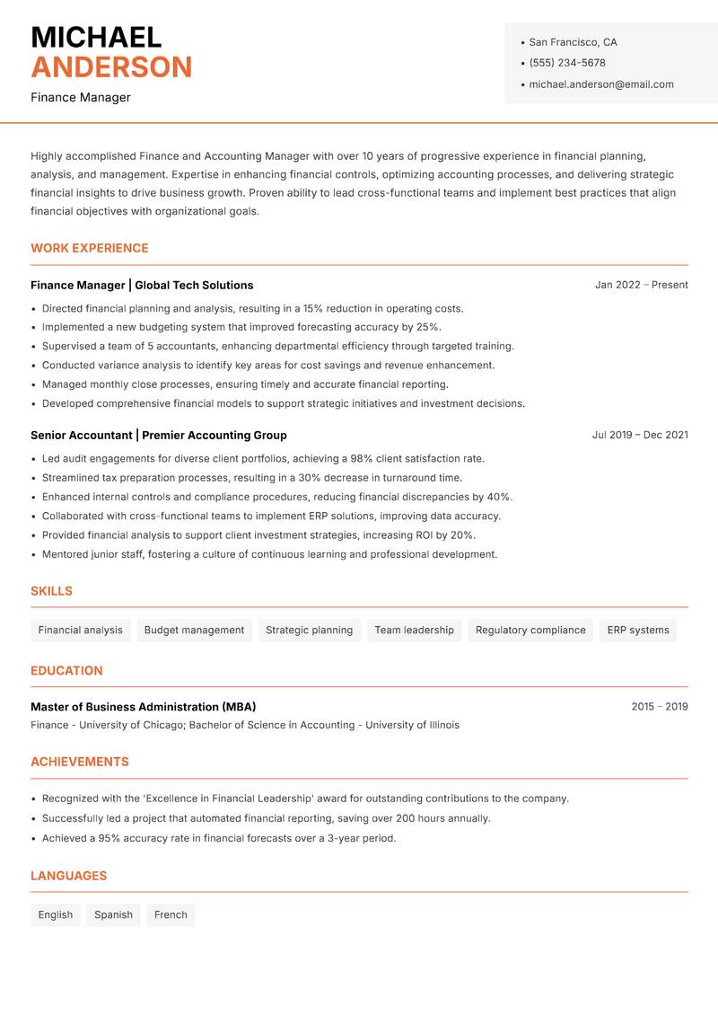 Finance and Accounting Manager Resume Template