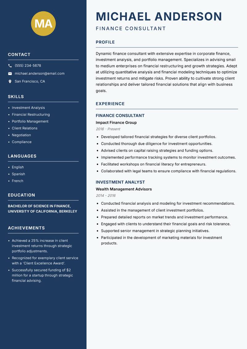Finance Consultant Resume Preview Example