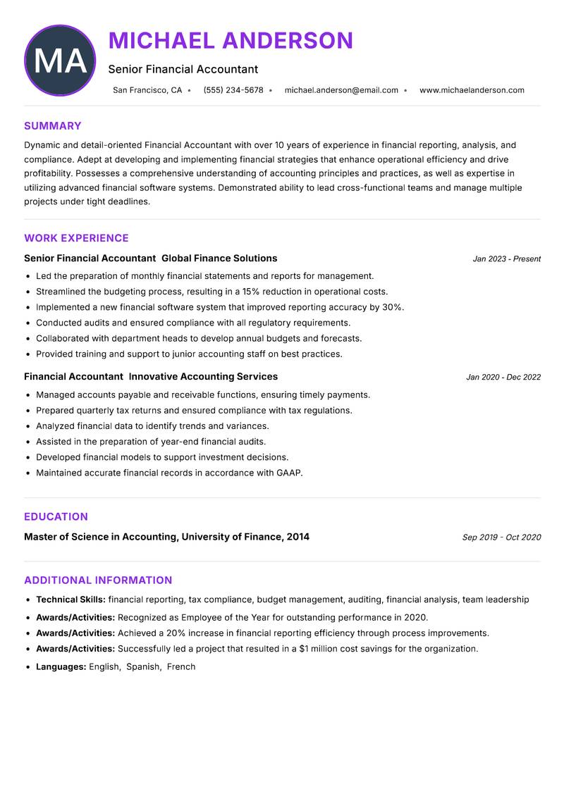 Financial Accountant Resume Preview Example