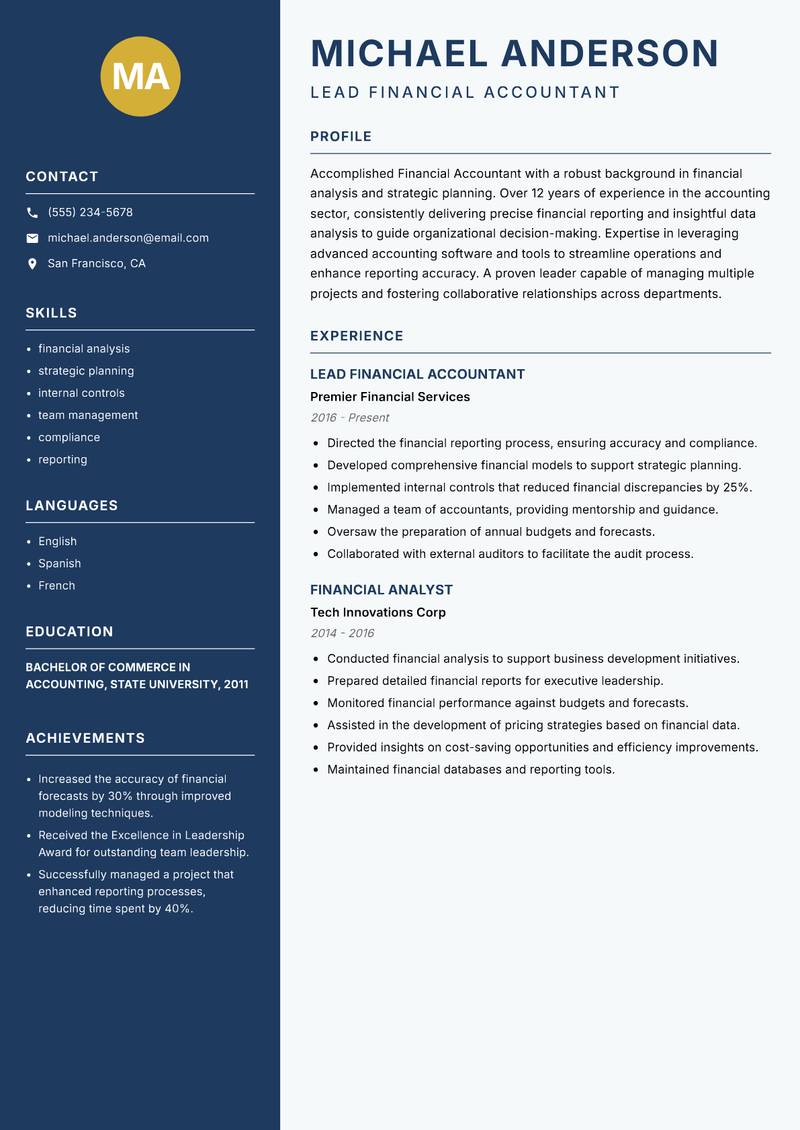 Financial Accountant Resume Preview Example