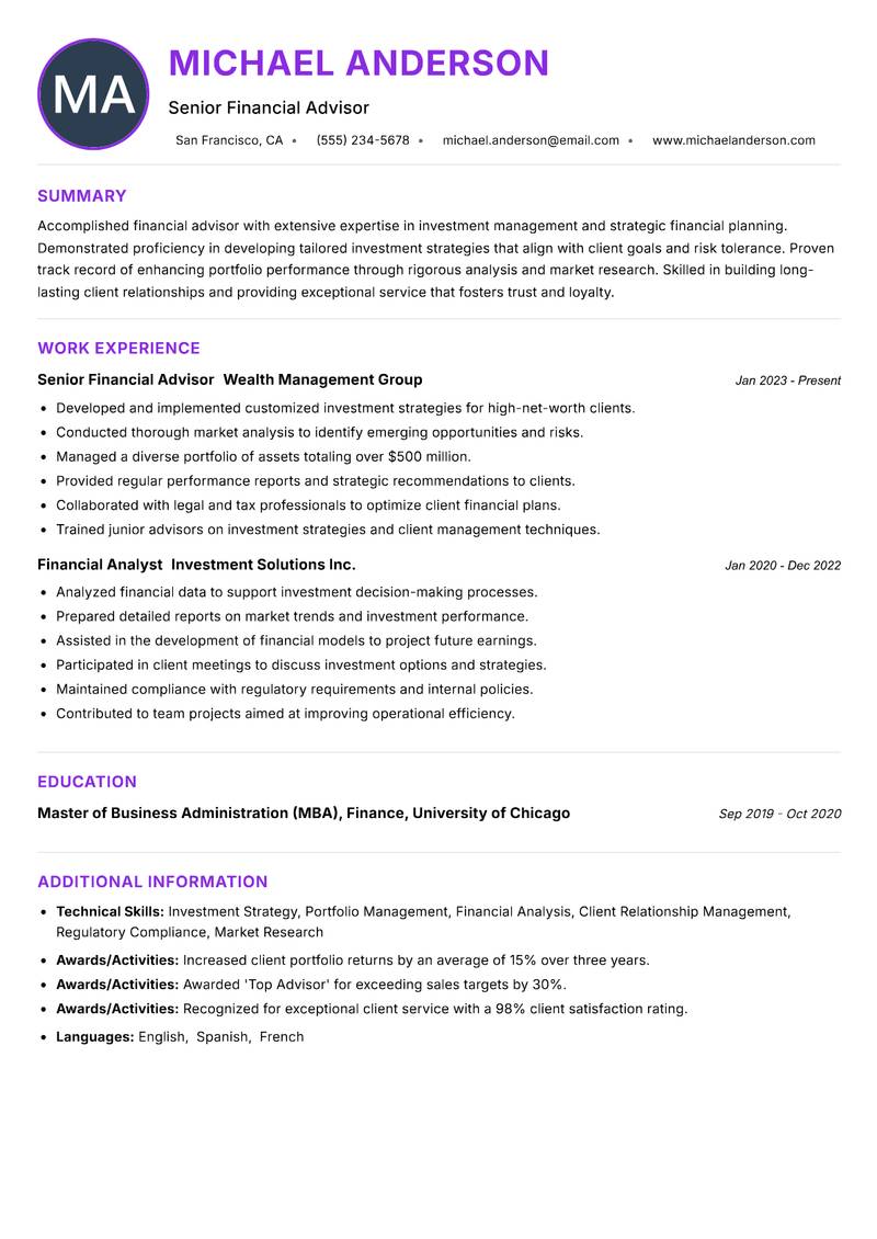 Financial Advisor Investments Resume Preview Example