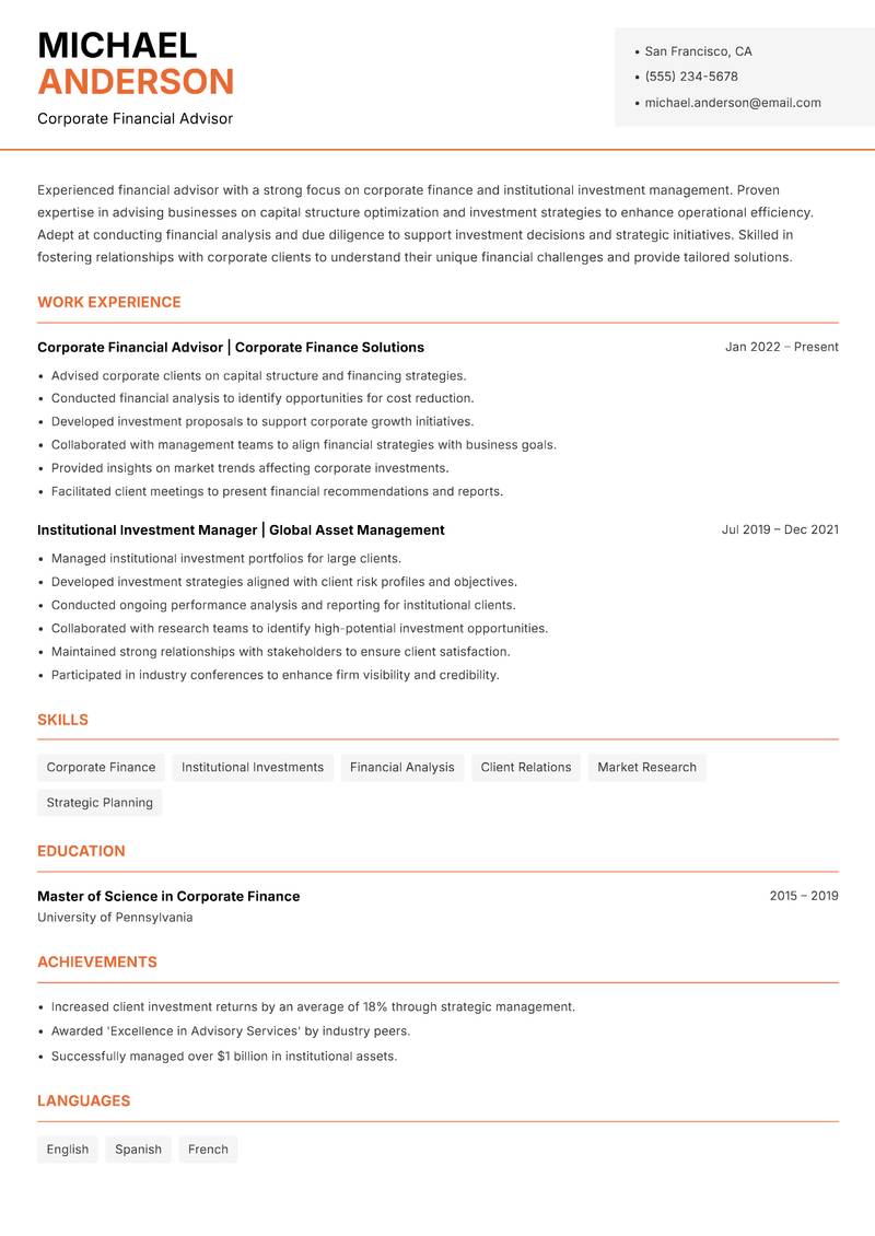 Financial Advisor Investments Resume Template