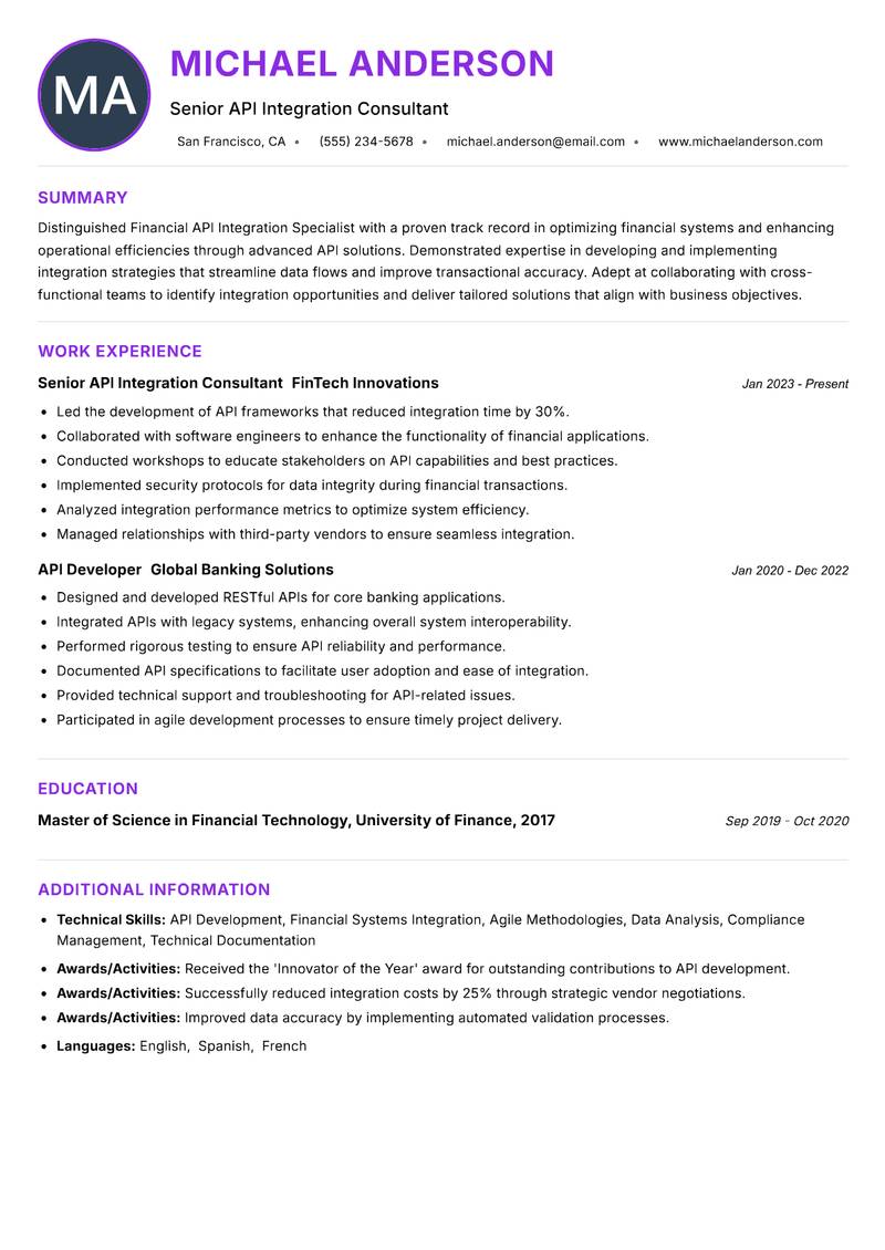 Financial API Integration Specialist Resume Preview Example