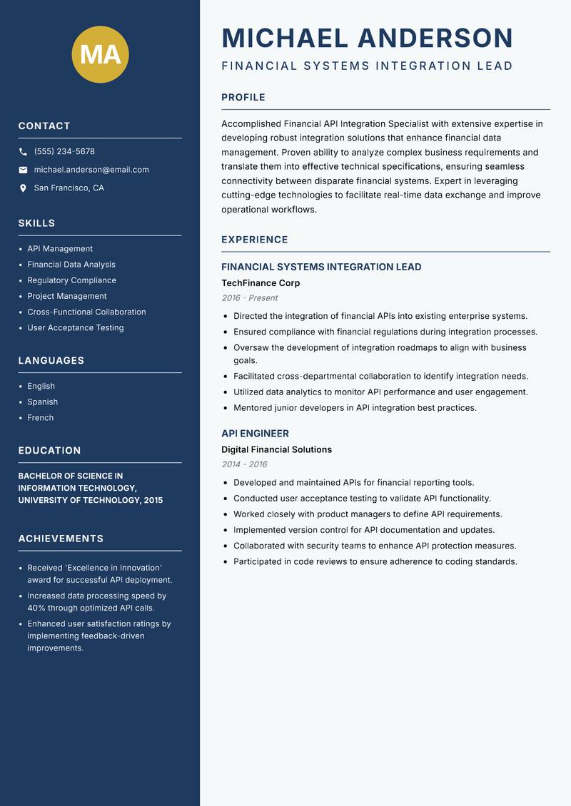 Financial API Integration Specialist Resume Preview Example