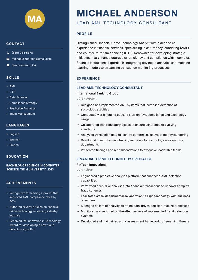 Financial Crime Technology Analyst Resume Preview Example