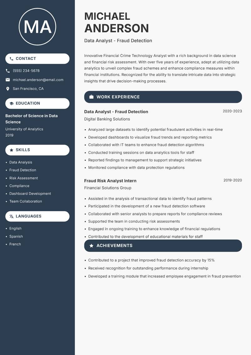 Financial Crime Technology Analyst Resume Preview Example