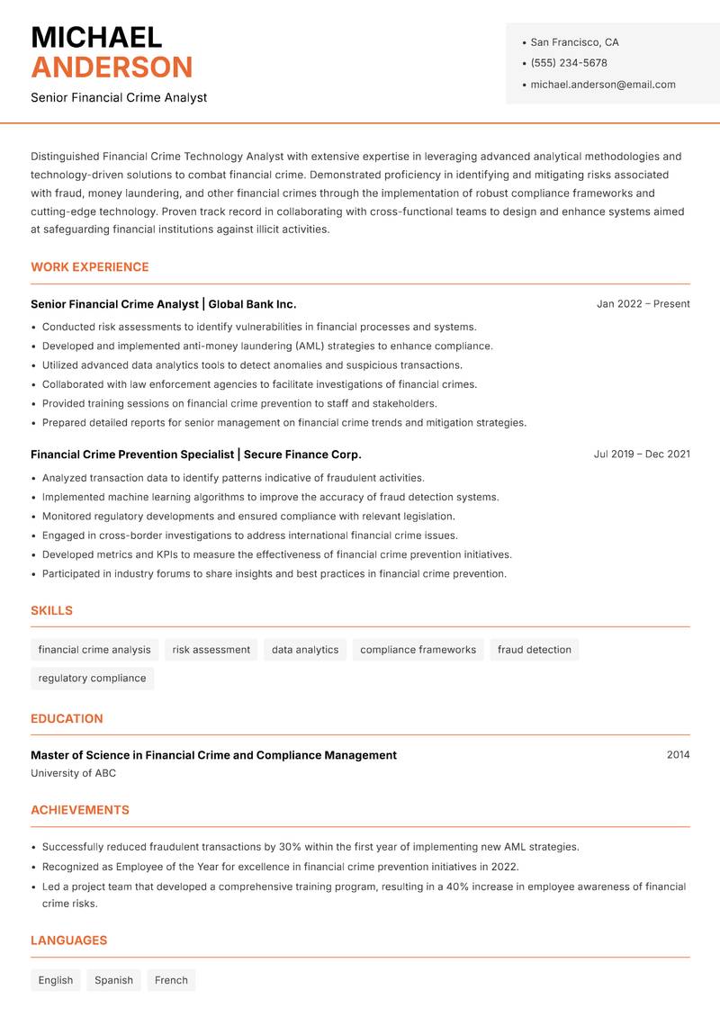 Financial Crime Technology Analyst Resume Template