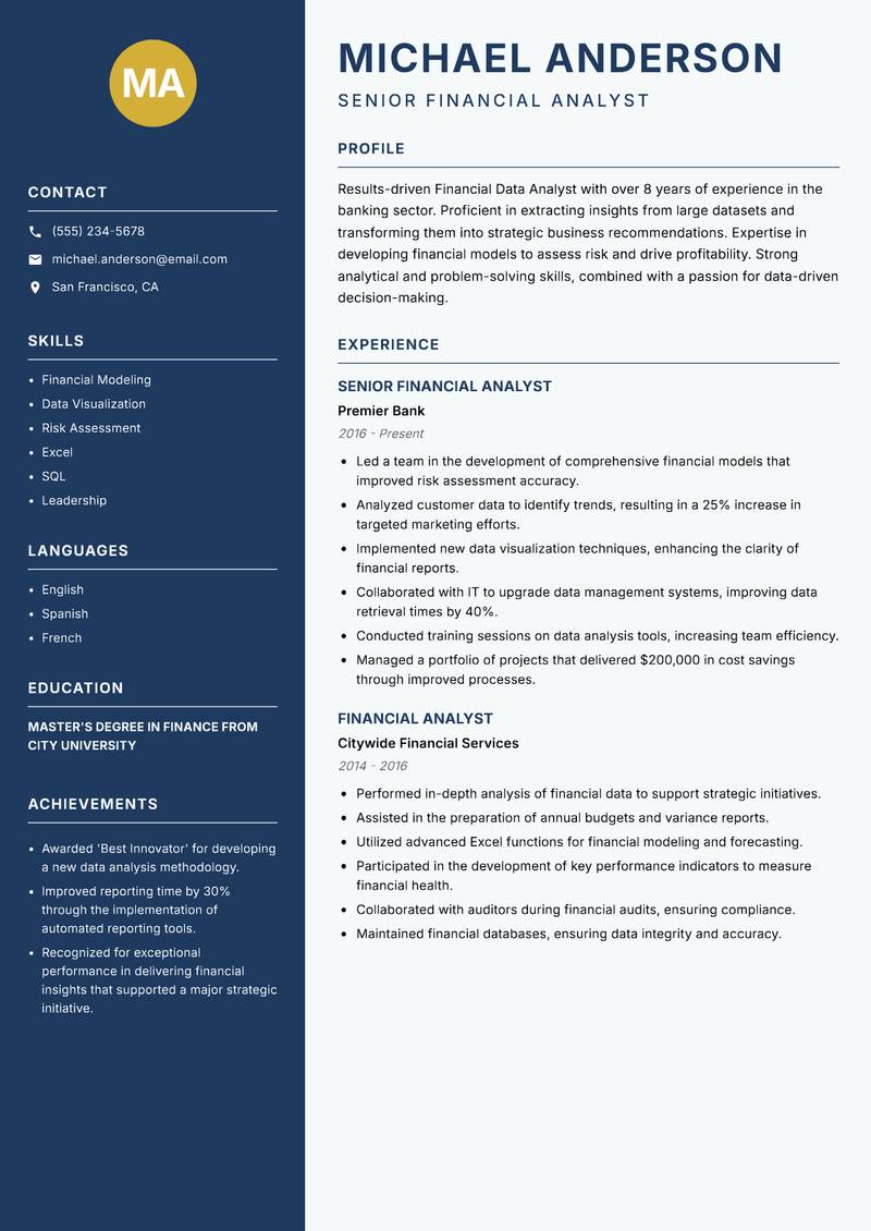 Financial Data Analyst Resume Preview Example