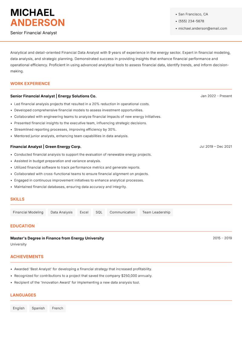Financial Data Analyst Resume Template
