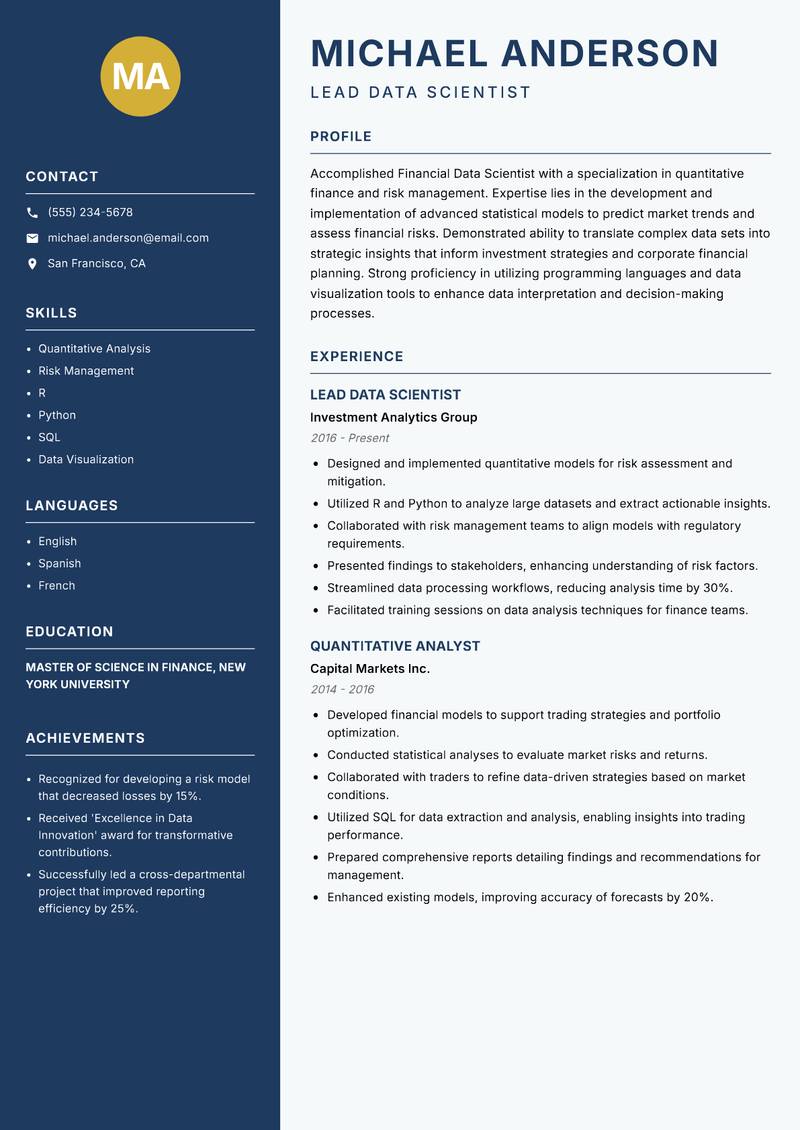 Financial Data Scientist Resume Preview Example