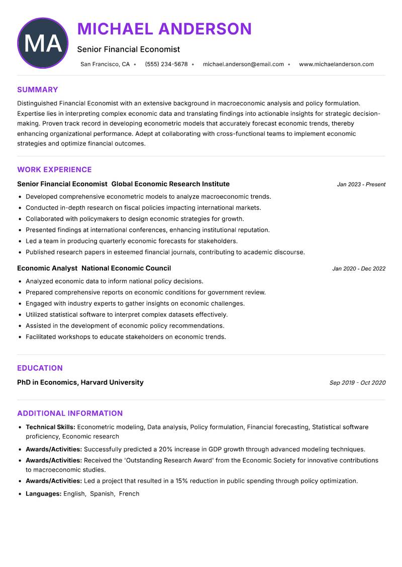 Financial Economist Resume Preview Example